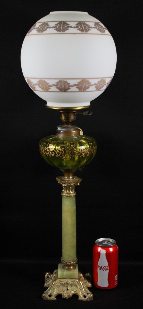 ALABASTER AND GILT OIL LAMP: ALABASTER AND GILT OIL LAMP. MEASURES H: 27 1/4" W: 8 1/2"