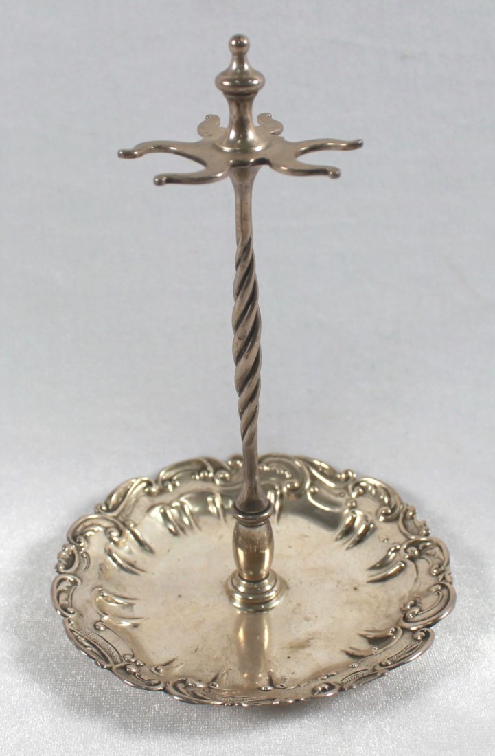 STERLING SILVER NECKLACE HOLDER WITH RING TRAY BASE: STERLING SILVER NECKLACE HOLDER WITH RING TRAY BASE. MEASURES H: 6" W: 4". TOTAL WEIGHT IS 90 GRAMS