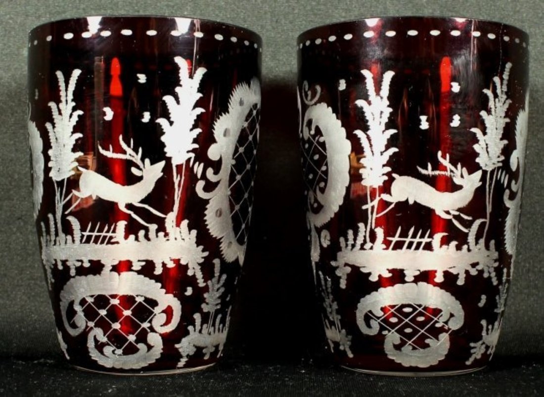 PAIR OF ANTIQUE BOHEMIAN FLASHED GLASSES: PAIR OF ANTIQUE BOHEMIAN FLASHED GLASSES. MEASURES H: 4" W: 3" SHIPPING AND HANDLING TO 48 STATES OF UNITED STATES: $40 INTERNATIONAL, ALASKA, HAWAII AND US PROTECTORATES BIDDERS ASK FOR SHIPPING COST