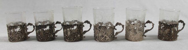 SET OF 6 STERLING SILVER CUP HOLDERS WITH GLASS INSERTS (1 of 5)