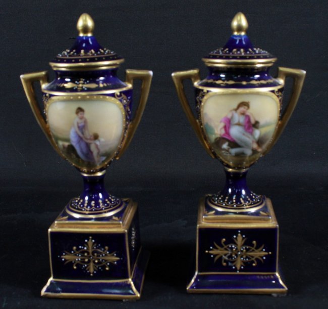 PAIR OF ROYAL VIENNA PORCELAIN COVERED URNS (1 of 4)