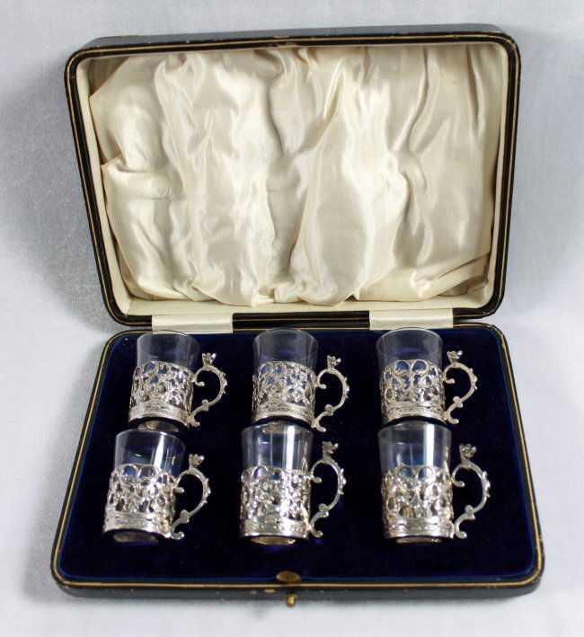 SET OF 6 STERLING SILVER SHOTS WITH GLASS INSERTS (1 of 6)