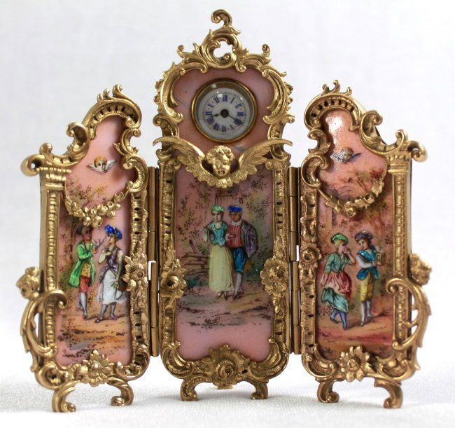 VIENNESE ENAMEL 3 PANEL SCREEN CLOCK, PINK GROUND (1 of 8)