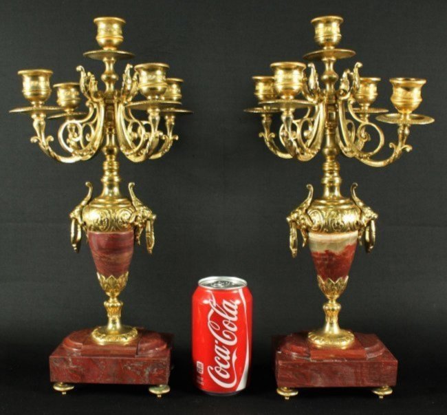 PAIR OF BRASS AND ROUGE MARBLE 5 ARM CANDELABRA (1 of 3)