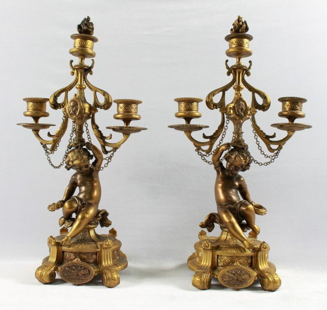 PAIR OF BRONZE FIGURAL CHERUB CANDELABRA (1 of 10)