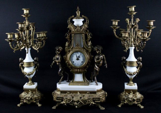 EARLY 20TH C. 3 PC. FRANZ HERMILE CLOCK GARNITURE SET (1 of 10)