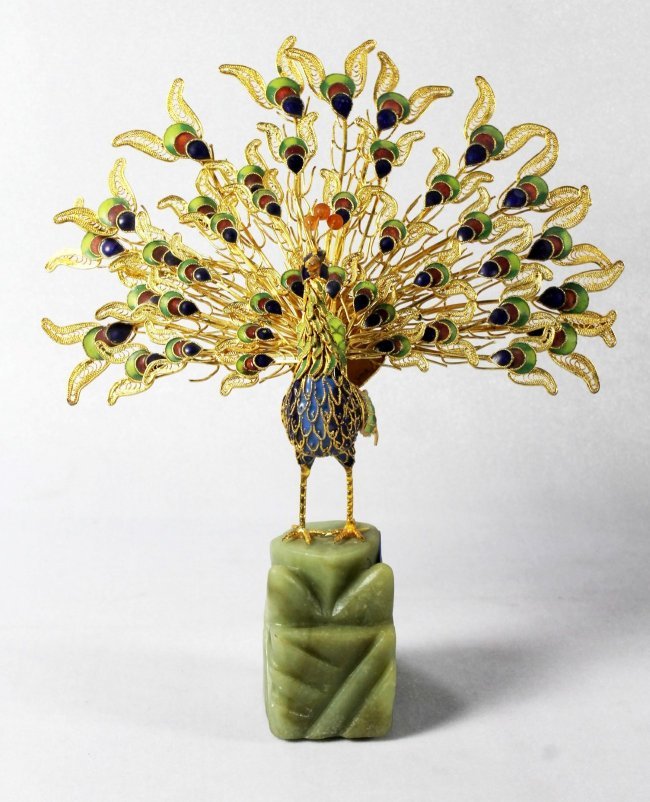 CHINESE ENAMEL AND SILVER FIGURE OF PEACOCK (1 of 6)