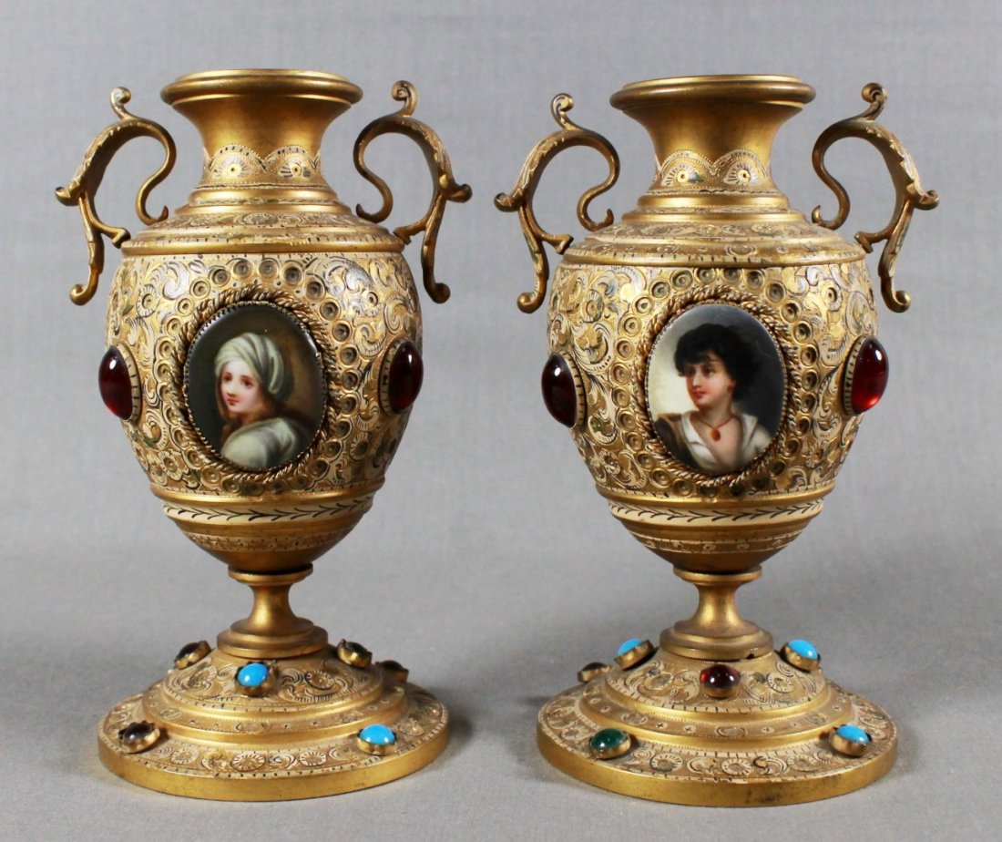 PAIR OF VICTORIAN BRONZE JEWELED VASES (1 of 4)