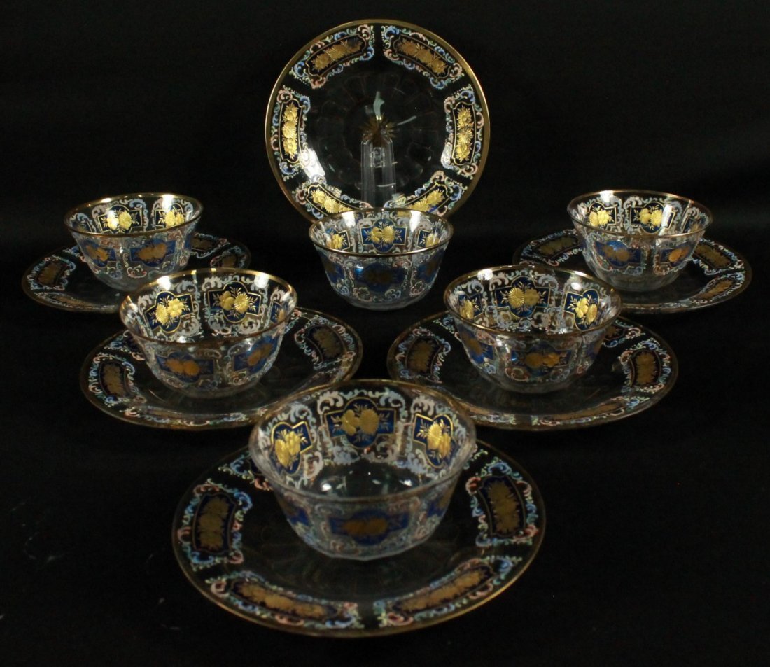 SET OF 6 BOHEMIAN DESSERT BOWLS AND SAUCERS (1 of 5)