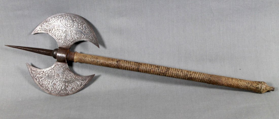 19TH C ENGRAVED SNAKESKIN PERSIAN AXE (1 of 4)