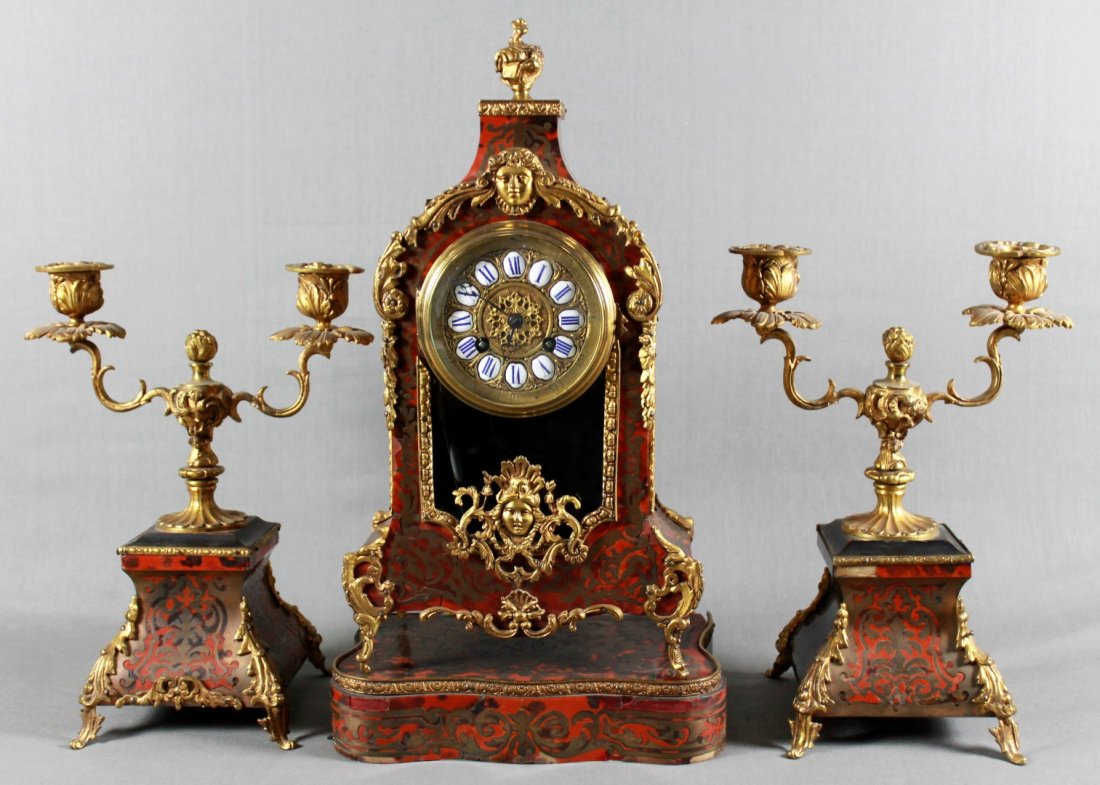 19TH C. LOUIS XV STYLE BOULLE MARQUETRY CLOCK GARNITURE (1 of 6)