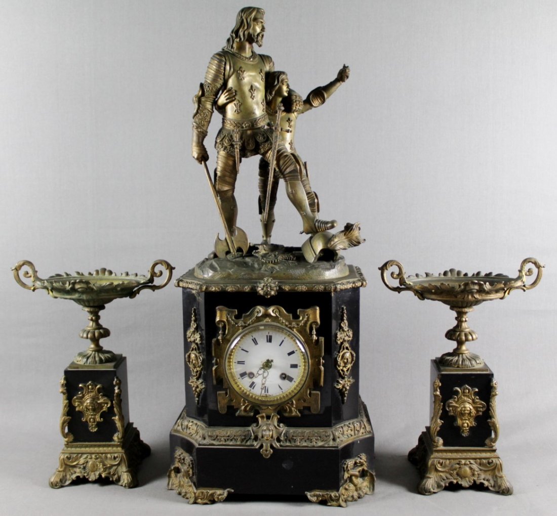 French Three Piece Bronze and Black Marble Clock Set (1 of 5)