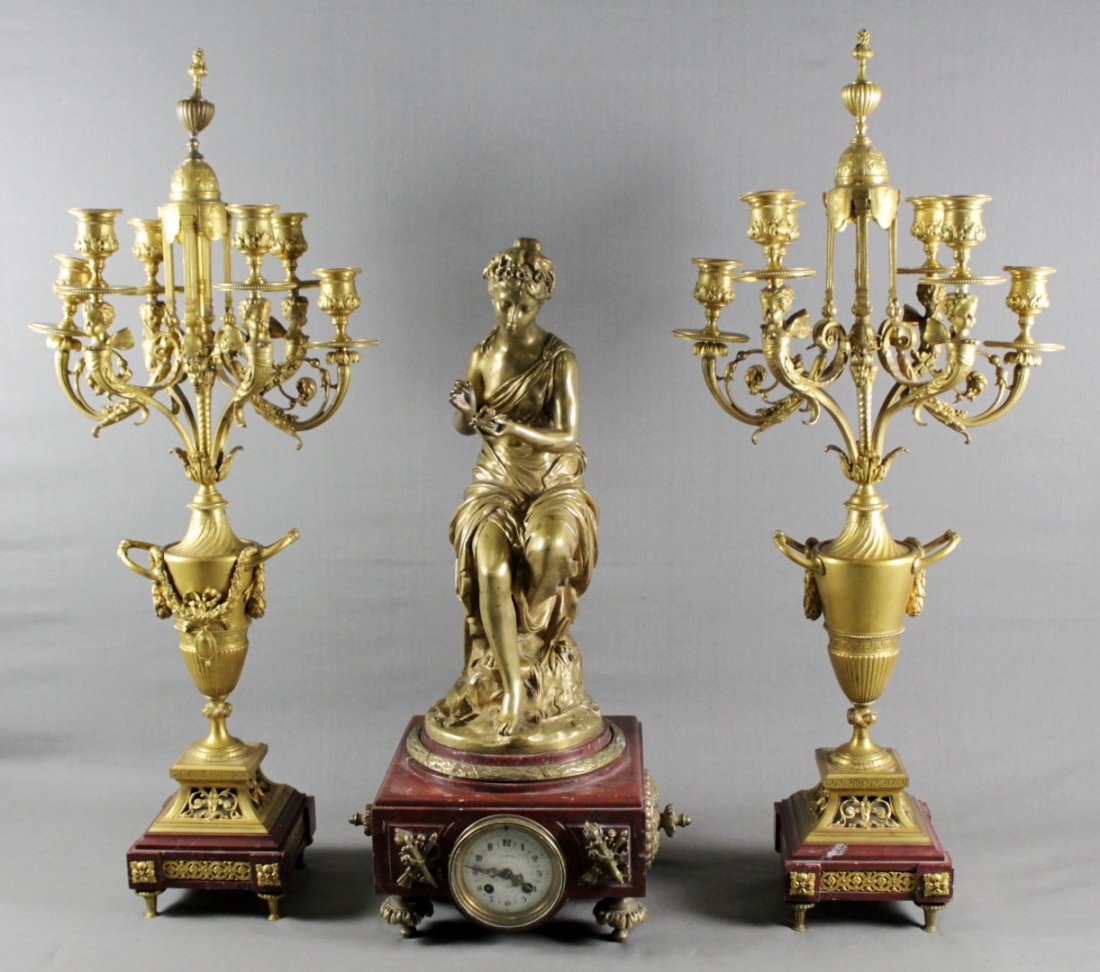 19TH C. ROUGE MARBLE AND DORE BRONZE 3 PC. CLCCKSET (1 of 8)