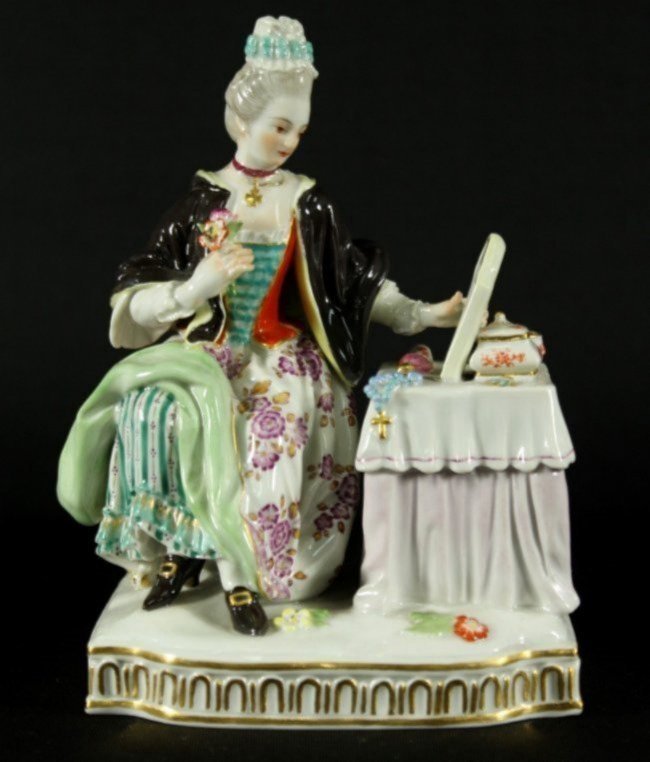 19TH CENT, ANTIQUE MEISSEN LADY SITTING AT HER VANITY (1 of 5)