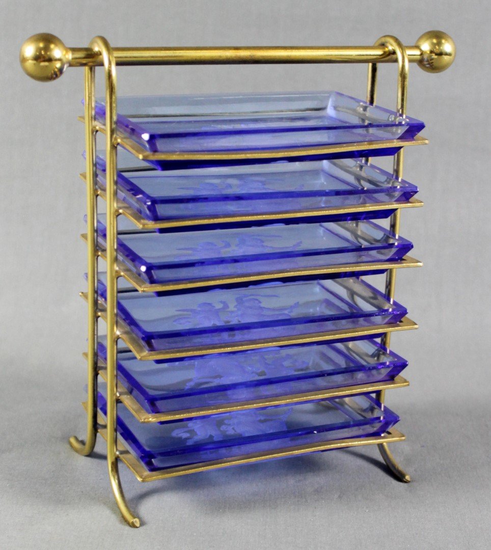 5 TIER TRAY WITH 6 BLUE GLASS INTAGLIO DISHES: 5 TIER TRAY WITH 6 BLUE GLASS INTAGLIO DISHES, MEASURES: 6 1/2" X 6 1/2" , DISH MEASURES: 41/2" X 2 3/4"