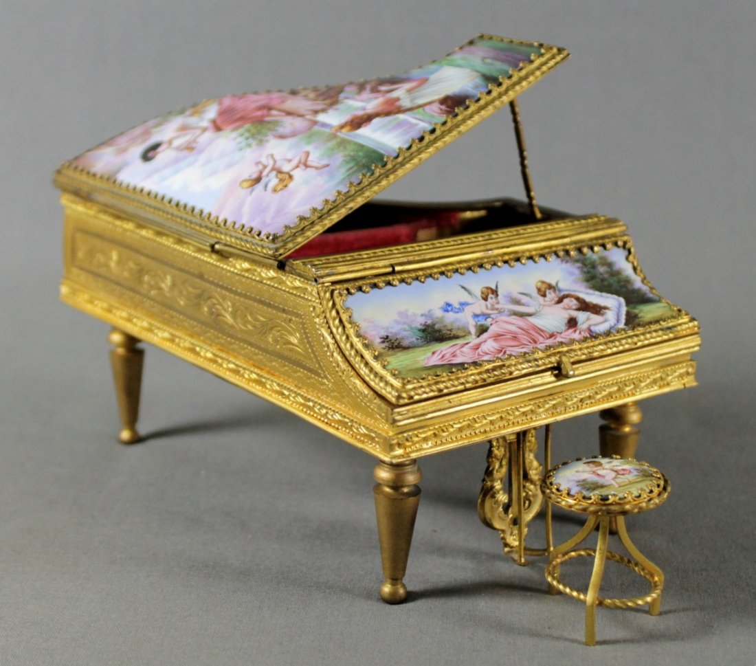 AUSTRIAN BRONZE AND ENAMEL PIANO MUSIC BOX AND STOOL (1 of 4)