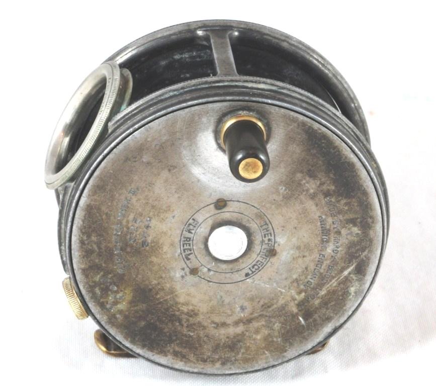 Hardy Perfect 3 1/4" Salmon Reel: This 3 1/4" wide drum, 1 1/16, The "PERFECT", in a center circle, ebonite handle, nickel silver rim tension screw and nickel line guide marked Hardy's PAT. Un-filed ribbed brass foot, lost much of its