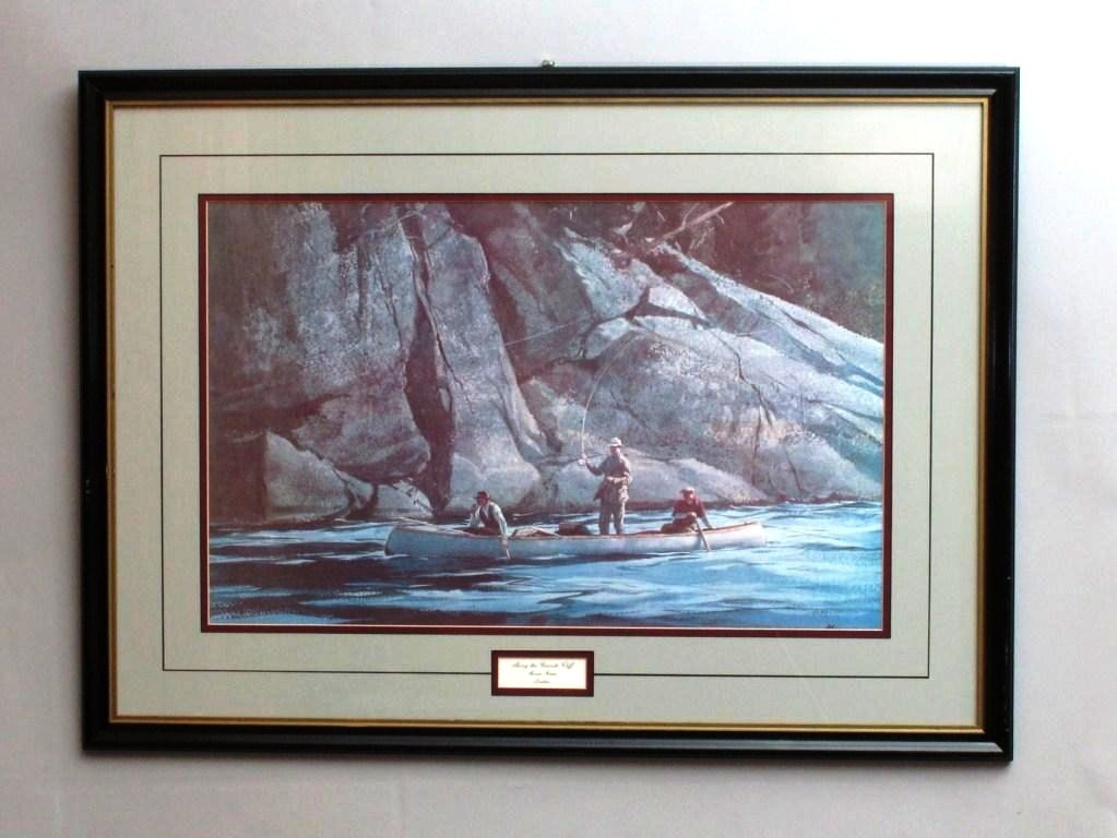 "Along The Granite Cliff...", by Ogden Pleissner: "Along The Granite Cliff, Moise River, Quebec" by Ogden Pleissner. Published by the Atlantic Salmon Federation in 1986 in memory of the artist, with an edition of 350 numbered prints (the matting hide