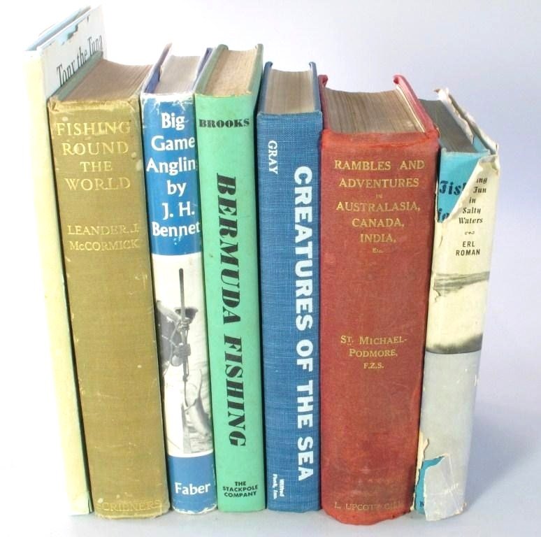 Seven Books on Salt Water Fishing: Creatures of the Sea by Capt. William B. Gray, 1960, VG+; Big Game Angling by J.H. Bennett, 1958, VG+ w/ edge wear to dj; Rambles and Adventures in Australasia, Canada, India, etc. by St. Michael-Popm