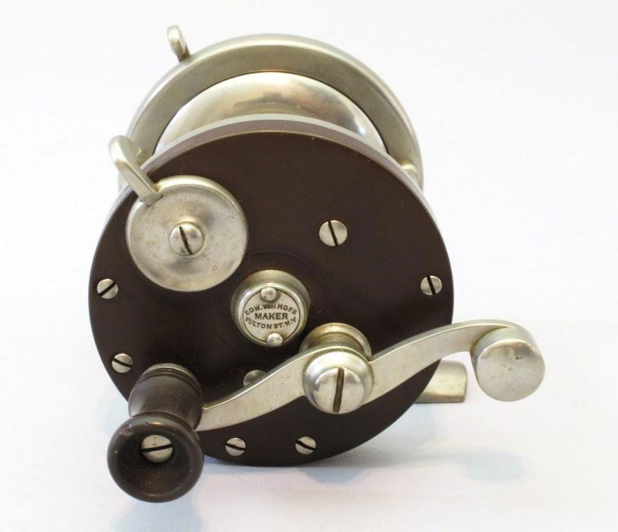 Scarce Edward vom Hofe Beach Haven, 560 1936 Version: A German silver and hard rubber light surf casting reel. Marked Edw. vom Hofe, Maker, Fulton St, NY on both oilers, this size 2 reel has an extra wide 2 1/4" spool and dual pillars fore and aft and no