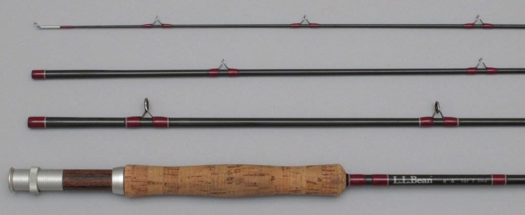 LL Bean Graphite Rod - 8 1/2', 4/1, 7wt. : Made for LL Bean, this medium fast action all all-rounder with red wraps, up-locking reel seat and wood spacer with full wells grip. Good rod for throwing big trout streamers, small Clouser's and Bass