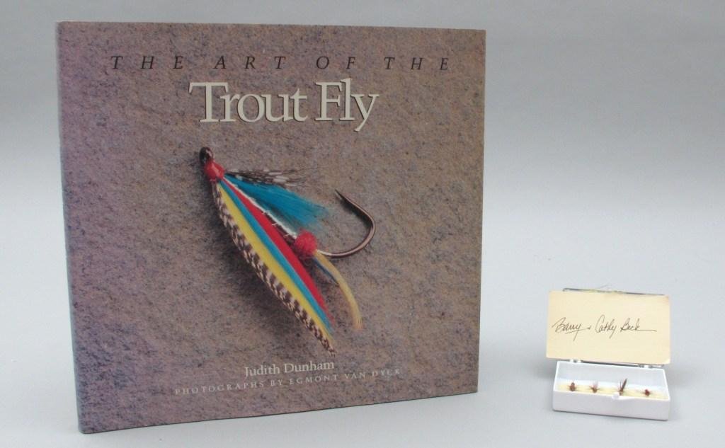 Four Cathy and Barry Beck Flies with Dunham Book: Published in 1988 with 128 pages and color plates of flies by various fly tiers. Accompanied with the book are four flies by the Beck's and these are the same patterns that were tied and featured in t