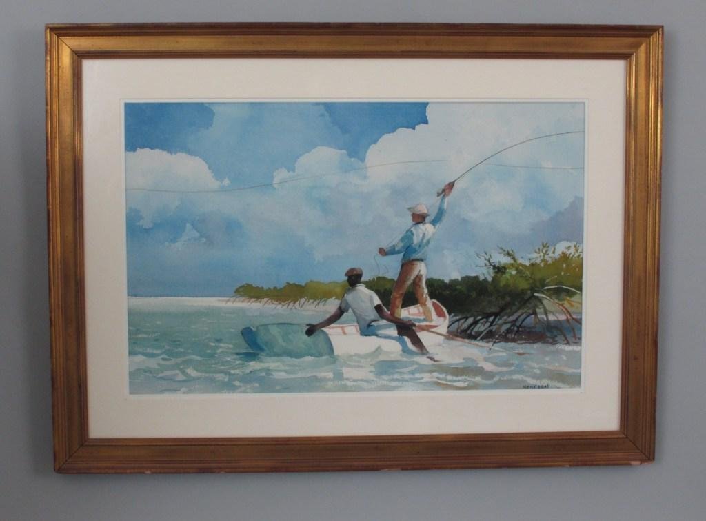 Large Original Watercolor by Chet Reneson: Picturing a fly fisherman with guide casting on a salt water flat. Having an image size of 18" x 27" and is signed on the lower corner by the artist. In Excellent condition.