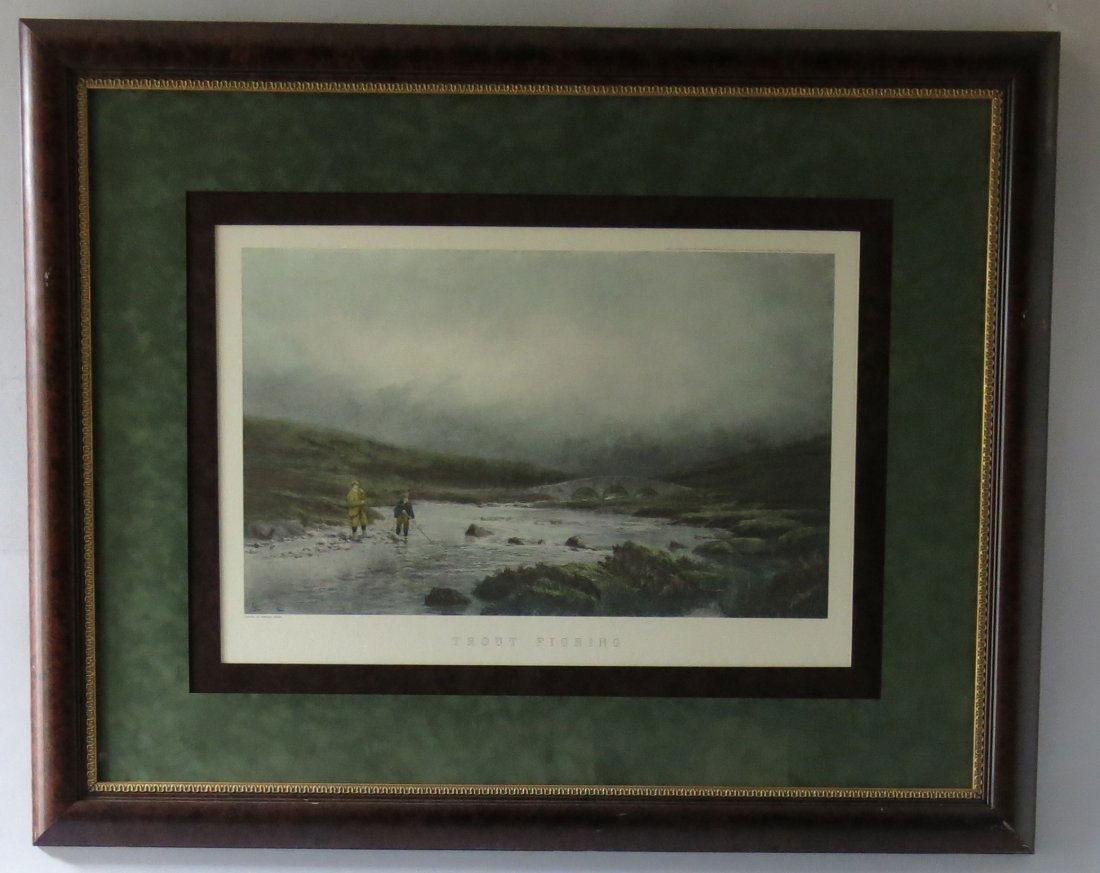 Print by Douglas Adams Entitled "Trout Fishing": Depicting an angler and his guide on a British river with a grand view of a stone bridge. An image size of 14" x 23" and superbly framed to 32" x 40" in a gold embellished mahogany frame. The conditio