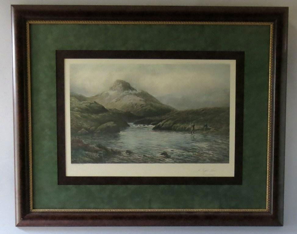 British Angling Scene by Douglas Adams, "A Tight Line": Having an image size of 14" X 23" this work of art shows an angler and his gilly on a British river with a mountain rising up in the background. Tastefully framed to a size of 32" x 40" in a gold embe