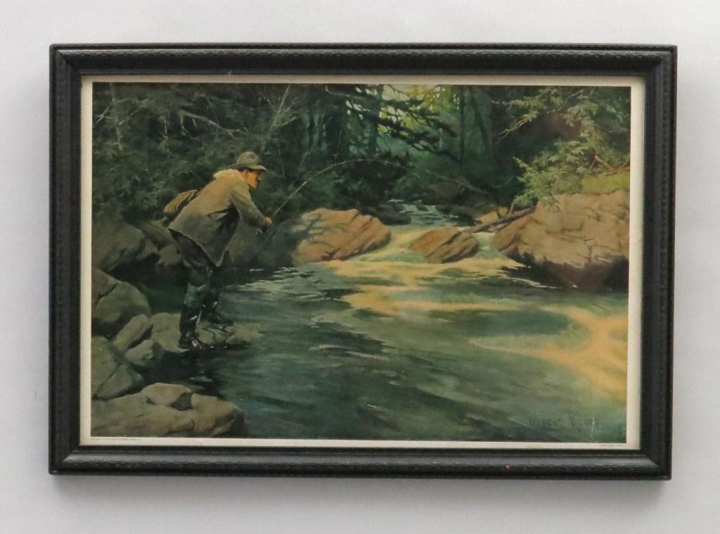 "Trout - Well Hooked" by Oliver Kemp: Copyright 1909 by Charles Scribner's Sons, N.Y., this print pictures an angler fighting a trout in a rushing stream. Coming in a 13 1/2" x 19" embossed black frame. Small crease to lower left corner o