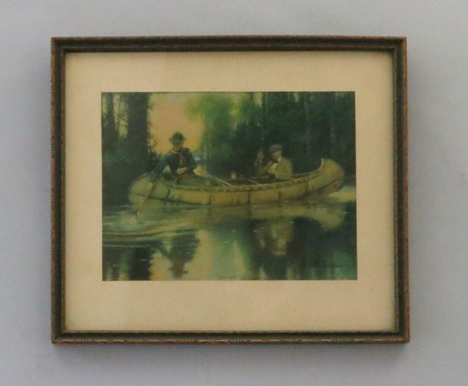 Print by Phillip R. Goodwin Entitled "A Day's Sport": Coming in the original 11 1/2 " x 13" frame with an image size of 7" x 9 1/2", the view is if an angler and his guide in a birch bark canoe. In Excellent condition with some tearing on the original ba