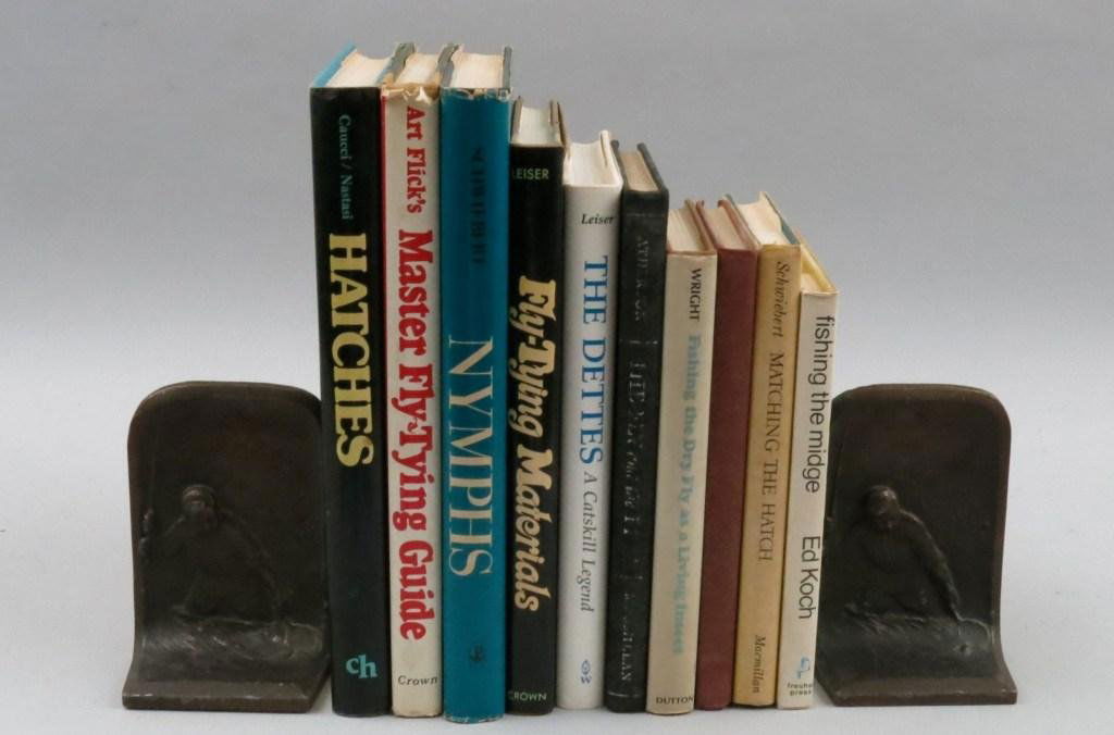 Ten Books on Flies and Fly Tying, Seven Signed: Fishing the Midge by Ed Koch, 1972, signed and inscribed, VG+ in dj; The Fly and the Fish by John Atherton, 1951, VG; Matching the Hatch by Ernest Schwiebert, 1972, signed and inscribed, VG+ in dj; Fi