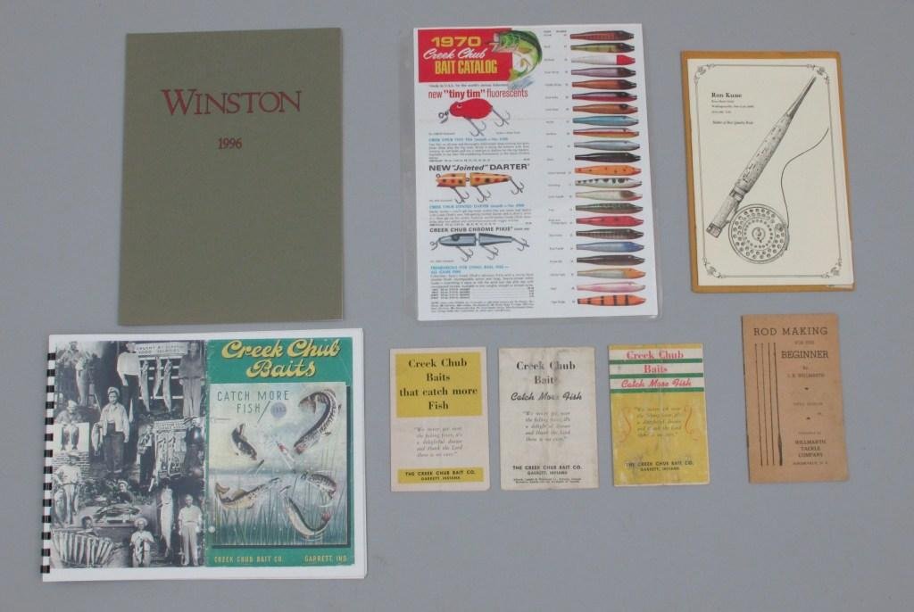 Selection of Lure and Bamboo Rod Material: Ron Kusse Rod Catalog for 1982 with original mailer, Winston 1996 Rod Catalog, both are Exc. Rod Making for the Beginner by J.E. Willmarth, VG Creek Chub material includes 1970 color chart, 3 differen