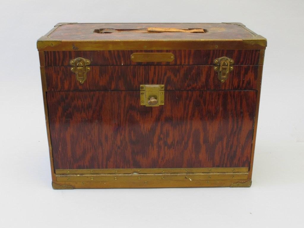 Refinished Machinist Chest with Drop Front: Having brass reinforced corners, lift lid with divided section, one drawer and piano hinge. This chest measures 8" x 16" X 12". Broken leather handle on the lid otherwise in Very Good condition.