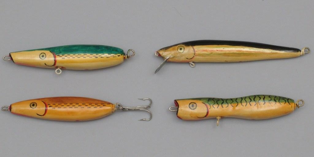 4 John Henriksen Hand Carved Salt Water Lures: John started to experiment with lures from hid home in Keyport, NJ after World War II and continued making hand carved and hand painted lures for his personal use only, never putting any for sale. He 