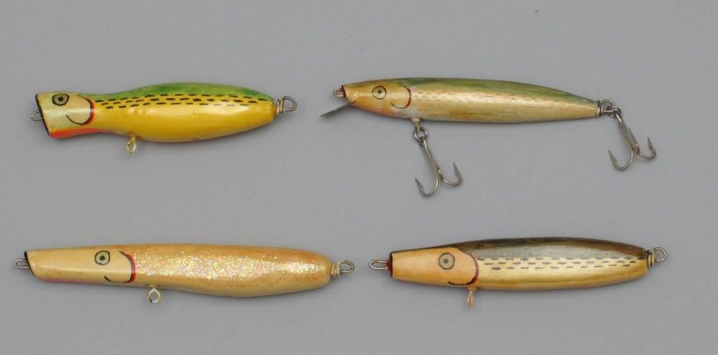 4 John Henriksen Hand Carved Salt Water Lures: John started to experiment with lures from hid home in Keyport, NJ after World War II and continued making hand carved and hand painted lures for his personal use only, never putting any for sale. He 