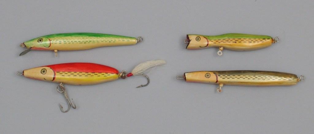 4 John Henriksen Hand Carved Salt Water Lures: John started to experiment with lures from hid home in Keyport, NJ after World War II and continued making hand carved and hand painted lures for his personal use only, never putting any for sale. He 