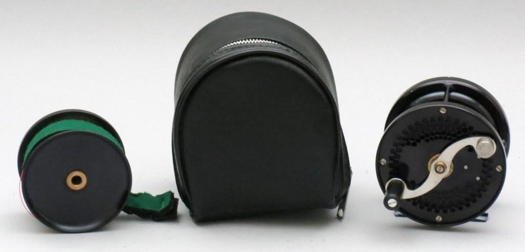 Bill Ballan Salmon Reel with Case and Spare Spool: Nice black finish with perforated crank side plate and counter balanced "S" shaped handle. Size is 3 1/4 dia. & 1 1/4" spool width, reel is set for RHW and is ready to fish including an extra spool wi