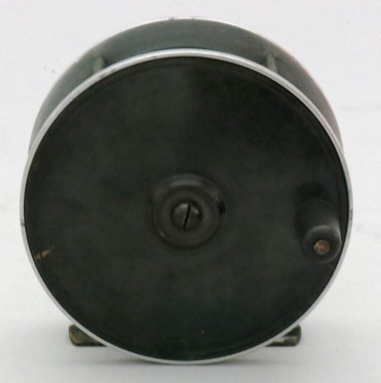 English Salmon Reel: Nice early reel with strong fixed click reel drag, 4" dia. & 1 5/16" spool width. A heavy duty reel for salmon & steelhead, will balance big spey rod. Reel shows signs of heavy use, still tight and re