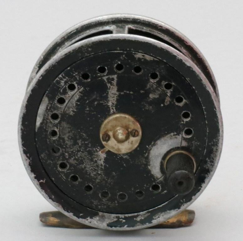 Wm. Mills and Son Salmon Reel: Made in England and marked the "Georgian", reel most likely made by JW Young, 3 3/4"dia. & 1 1/4" spool width, reported to be from a lodge on the Miramichi River, NB and shows considerable amount of u