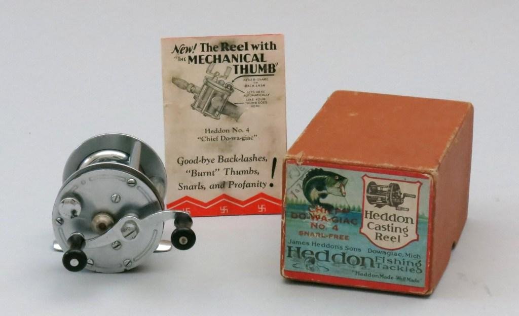 James Heddon's Sons "Chief Do-Wa-Giac" No. 4: Advertised as "The reel with the mechanical thumb", set the weight of the bait or lure and just cast it out. Made with watch like precision and genuine agate-jeweled pivot bearings, comes in original 