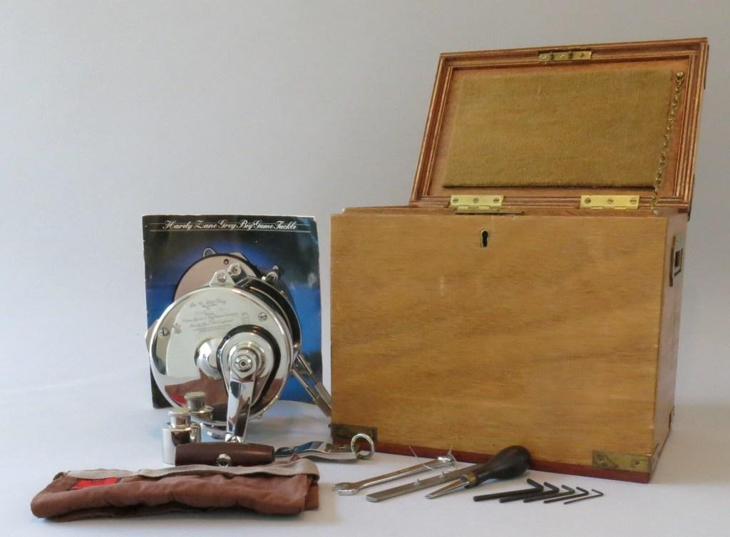 Hardy Zane Grey Model 80 Big Game Reel, Serial #1032: The Zane Grey model big game reels were re-introduced by Hardy in 1983, each of three models, 50, 80, & 130 capable of holding 1000 yards of line in its designed line class. These reels features a tai