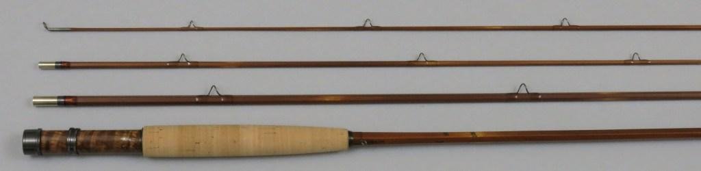 Hardy Moran Series 8'-3/2, 5wt, Flamed: A very high quality cane rod handmade in Alnwick, England by Tom Moran, this model BRMR160F is a three piece with serial # L965/TM, the guide wraps are clear with a tiny single wrap tipping, a cigar g