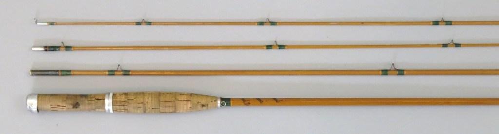 Hardy "The Marvel" Palakona #465, 7'6"- 3/2: The rod has an all cork grip, soiled from use and reel seat with slide band reel seat, butt cap marked, Made by Hardy's England, 2 oz. The wraps are done in Green with pale gold tipping, one tip is do