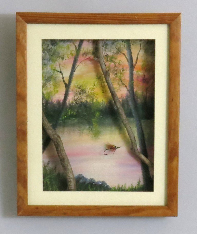 Megan Boyd Fly in Diorama Type Setting: From the estate of Richard Tyser of Gordonbush Lodge, Brora, Scotland is this salmon fly in an 8 1/4" x 11 1/4" shadow box. Mr. Tyser purchased thousands of her flies prior to 1976. Written on the bac