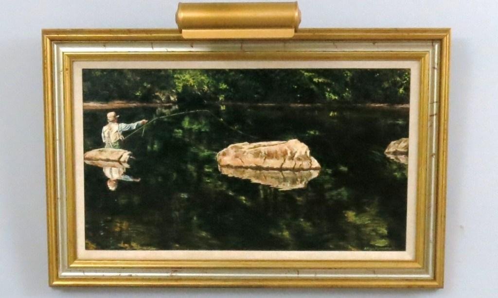 Oil Painting by Adriano Manocchia: (1951 - ) Painted in 1988, a pastoral scene of an angler patiently fishing a pool. This award winning contemporary sporting artist has graced many sporting magazines such as Sporting Classics and Gray