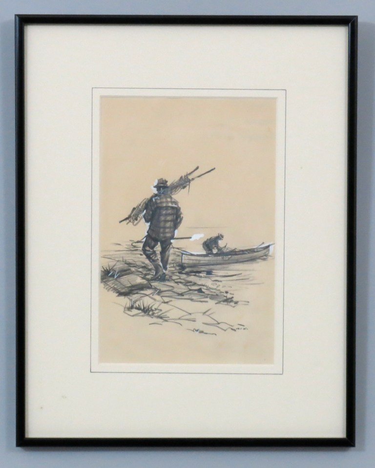 Original Drawing by Milton C. Weiler: (1910 - 1974) Used for the book, "Let's Save Our Salmon" by Jean-Paul Dube' published in 1972. The 5 3/4" by 8 3/4" image found on page 74 is of two men setting out to fish with nets and canoe. Signed