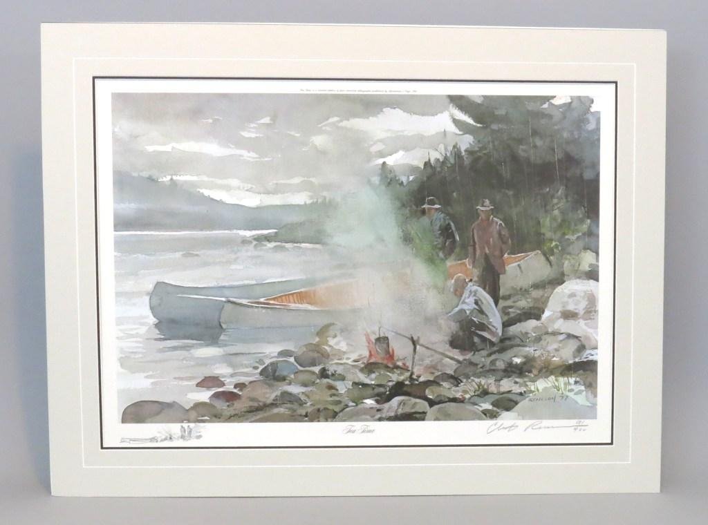 "Tea Time" by Chet Reneson: Produced by the artist in 1977 is one of 400 numbered and signed prints of which, this is number 91 and measures 18 1/8" x 27 1/4". The print is additionally pencil remarqued by the artist in the lowe
