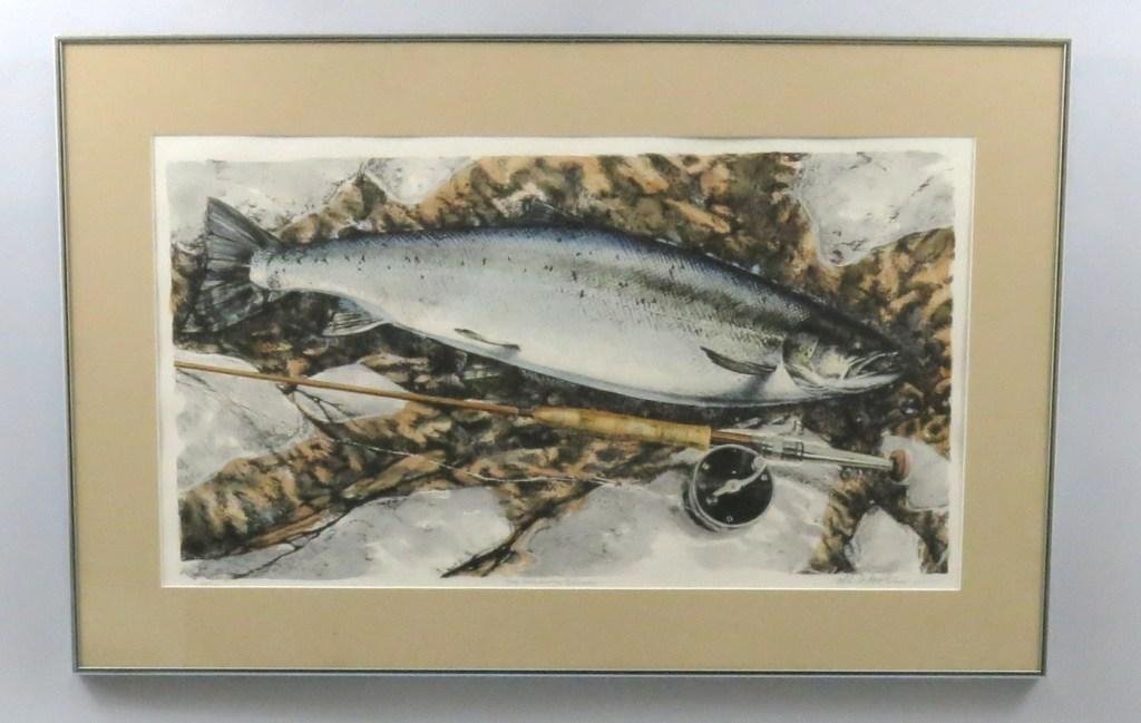 "The Atlantic Salmon" by Mike Stidham: A 14" x 25 3/4" image of an Atlantic salmon with fly rod and Bogdan type salmon reel on rocks. Limited to 100, this being number 63. In 21 1/4" x 33 3/8' matted frame in Excellent condition.