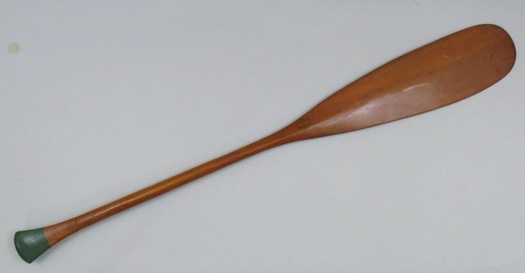 48" Old Town Canoe Paddle: Green handle tip and decal at the top of blade and complete. Blade width is 6". Very Good plus condition with light wear.